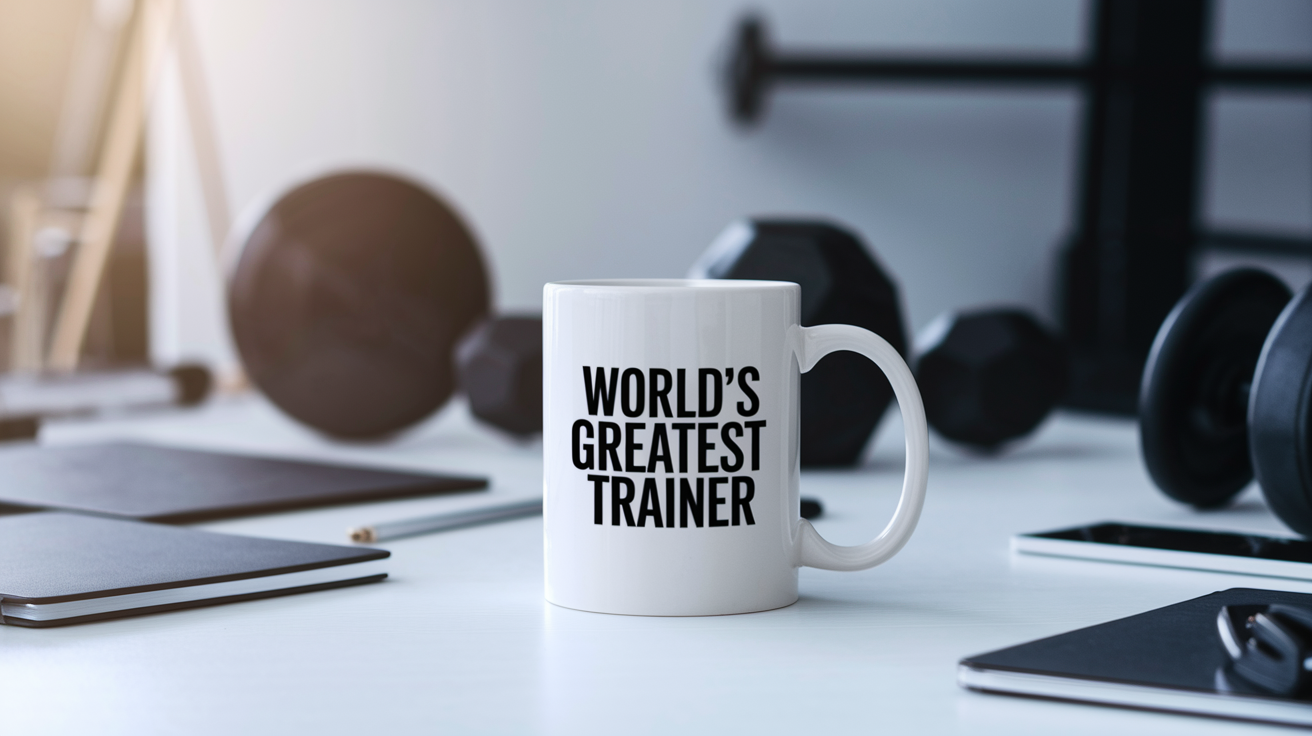 World's Greatest Trainer quote on coffee mug mockup for Amazon POD