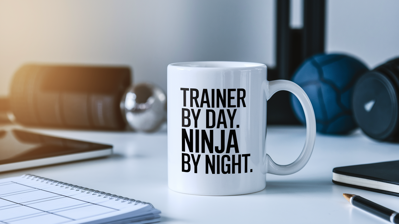 Trainer by Day Ninja by Night quote on coffee mug mockup for Amazon POD