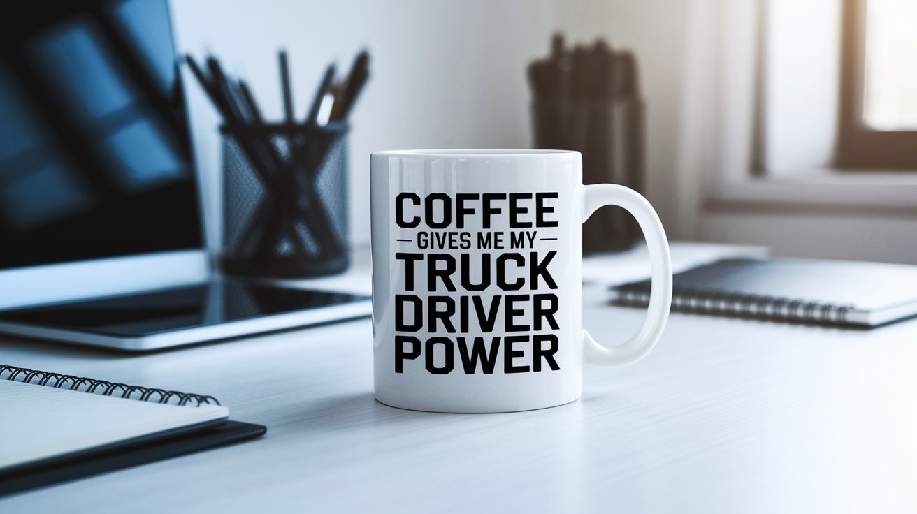 Coffee Gives Me My Truck Driver Power quote on coffee mug mockup for Amazon POD