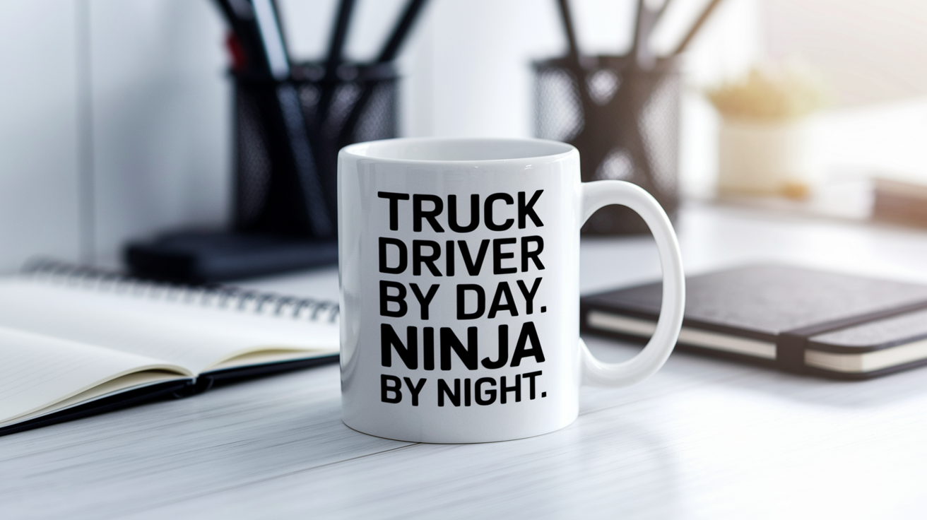 Truck Driver by Day Ninja by Night quote on coffee mug mockup for Amazon POD