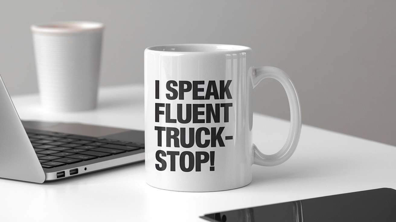 Trucker by Day Ninja by Night quote on coffee mug mockup for Amazon POD