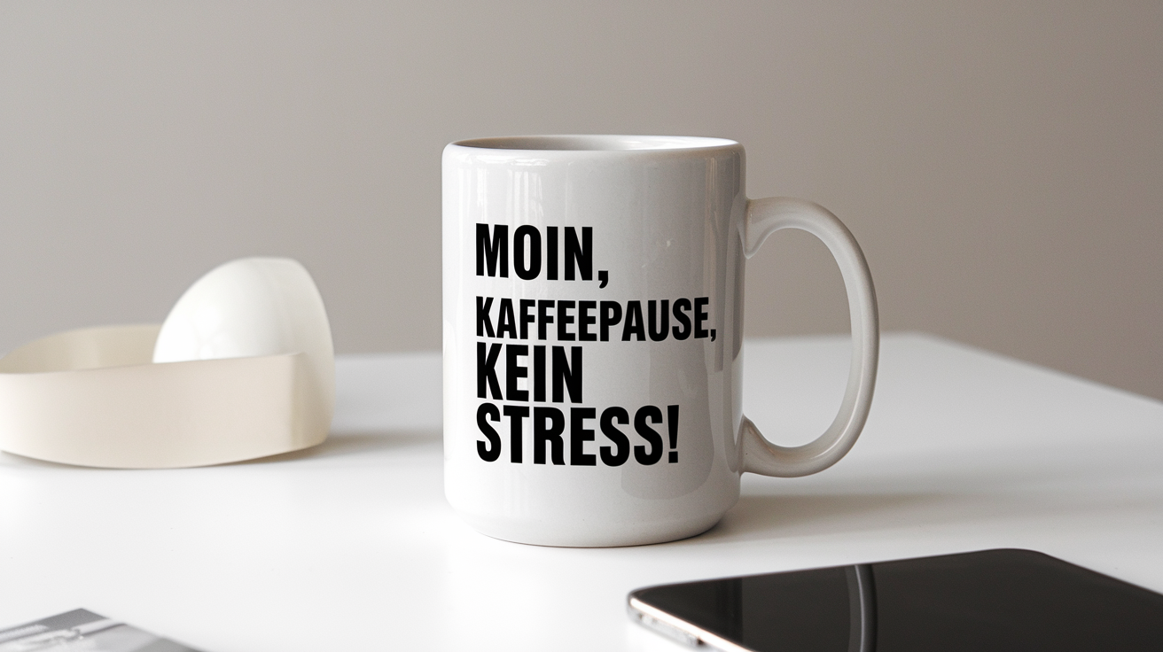 Typisch norddeutsch by Day Ninja by Night quote on coffee mug mockup for Amazon POD