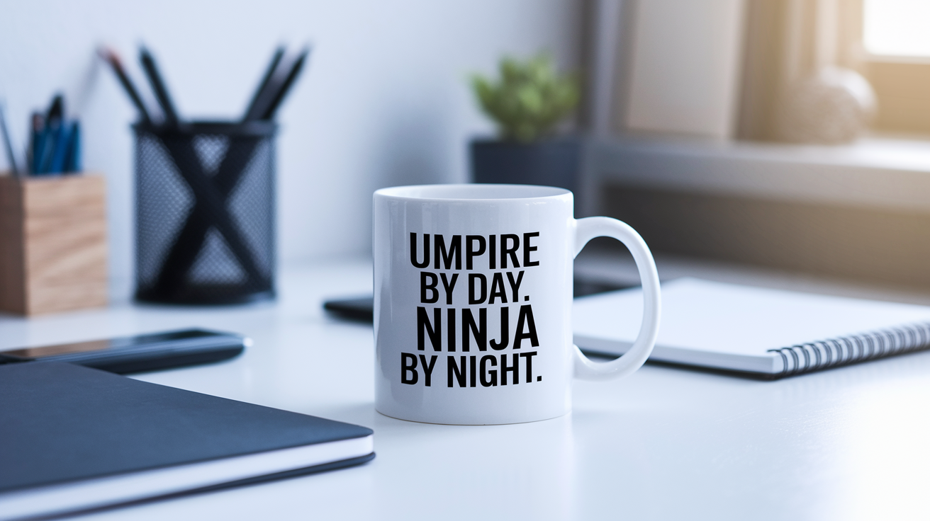 Umpire by Day Ninja by Night quote on coffee mug mockup for Amazon POD