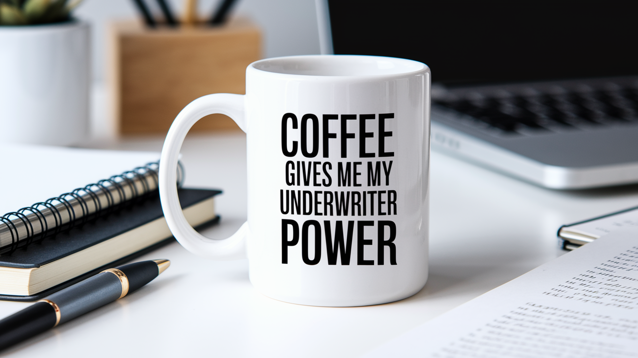 Funny Underwriter quote on travel mug mockup for Amazon POD