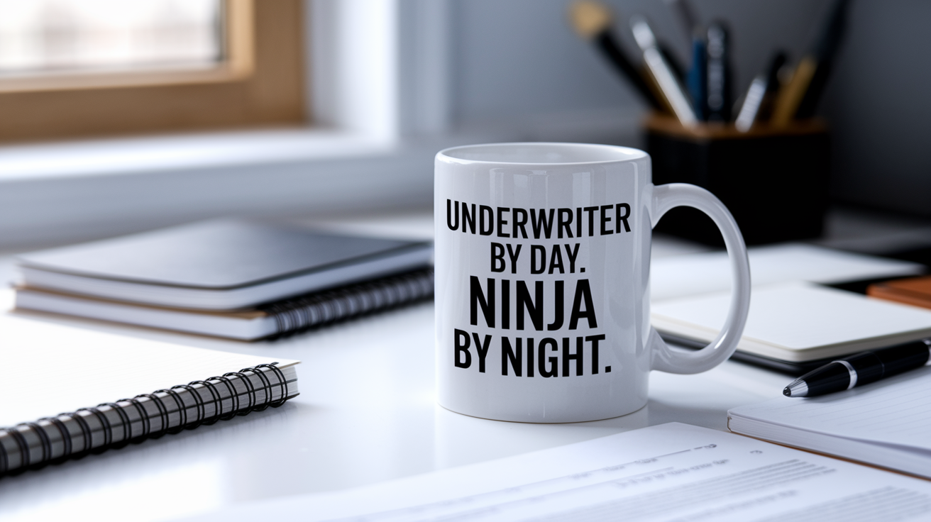 Underwriter by Day Ninja by Night quote on coffee mug mockup for Amazon POD