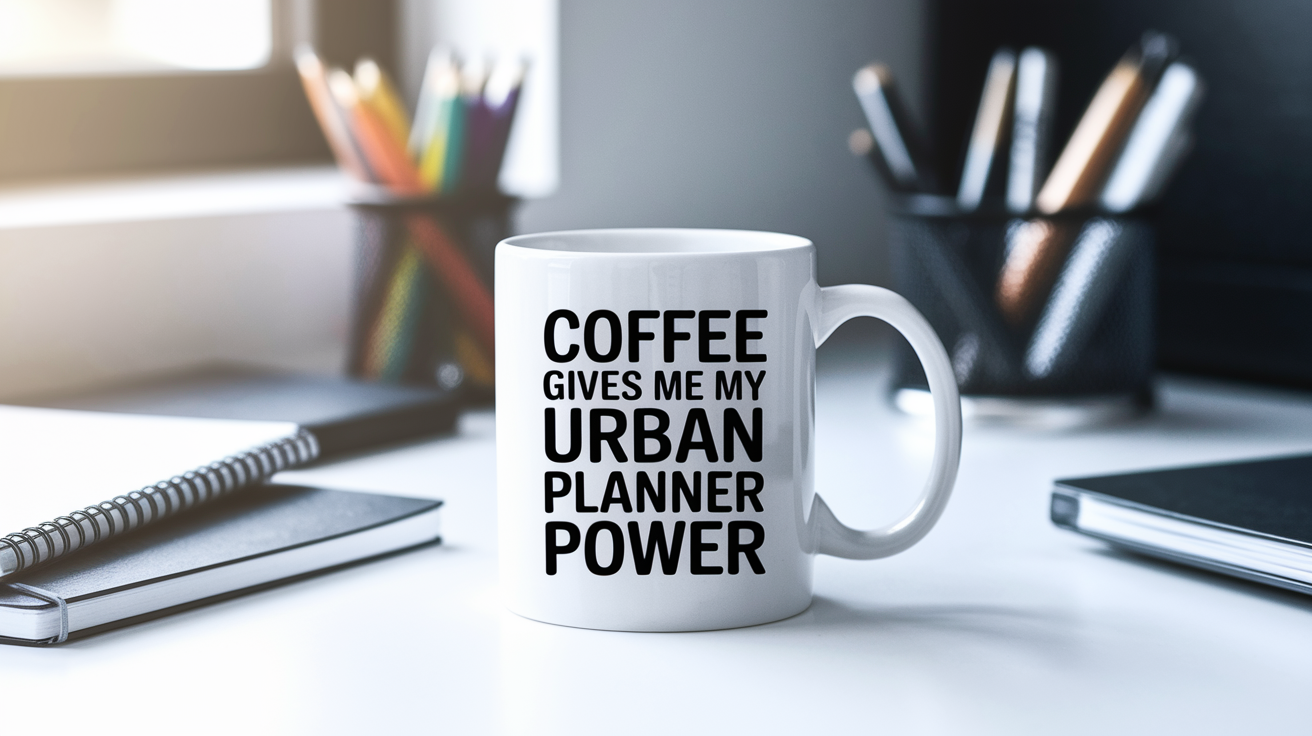 Coffee Gives Me My Urban Planner Power quote on coffee mug mockup for Amazon POD