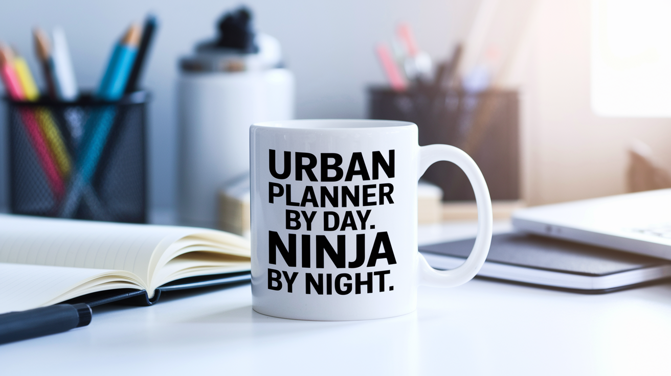 Urban Planner by Day Ninja by Night quote on coffee mug mockup for Amazon POD