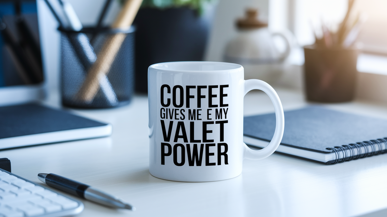 Coffee Gives Me My Valet Power quote on coffee mug mockup for Amazon POD