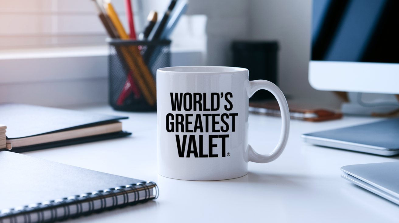 World's Greatest Valet quote on coffee mug mockup for Amazon POD