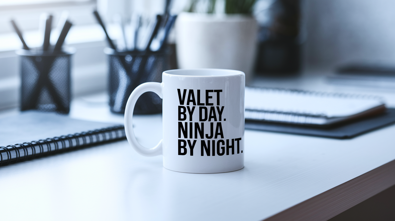 Valet by Day Ninja by Night quote on coffee mug mockup for Amazon POD