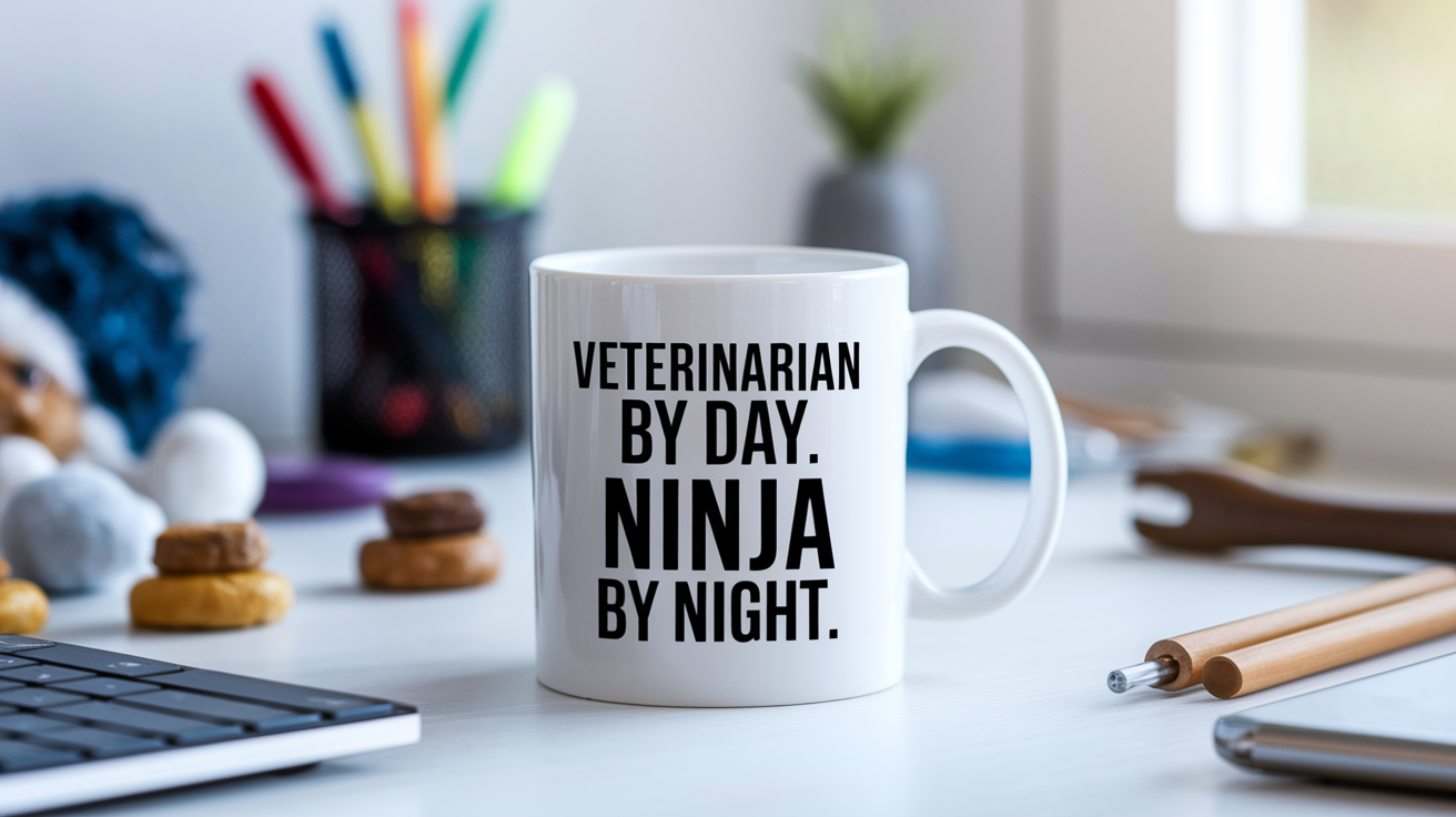 Veterinarian by Day Ninja by Night quote on coffee mug mockup for Amazon POD