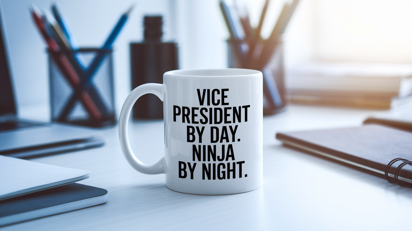 Vice President by Day Ninja by Night quote on coffee mug mockup for Amazon POD