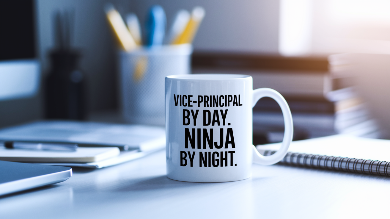 Vice Principal by Day Ninja by Night quote on coffee mug mockup for Amazon POD