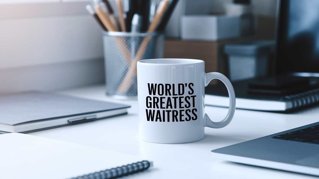 World's Greatest Waitress quote on coffee mug mockup for Amazon POD