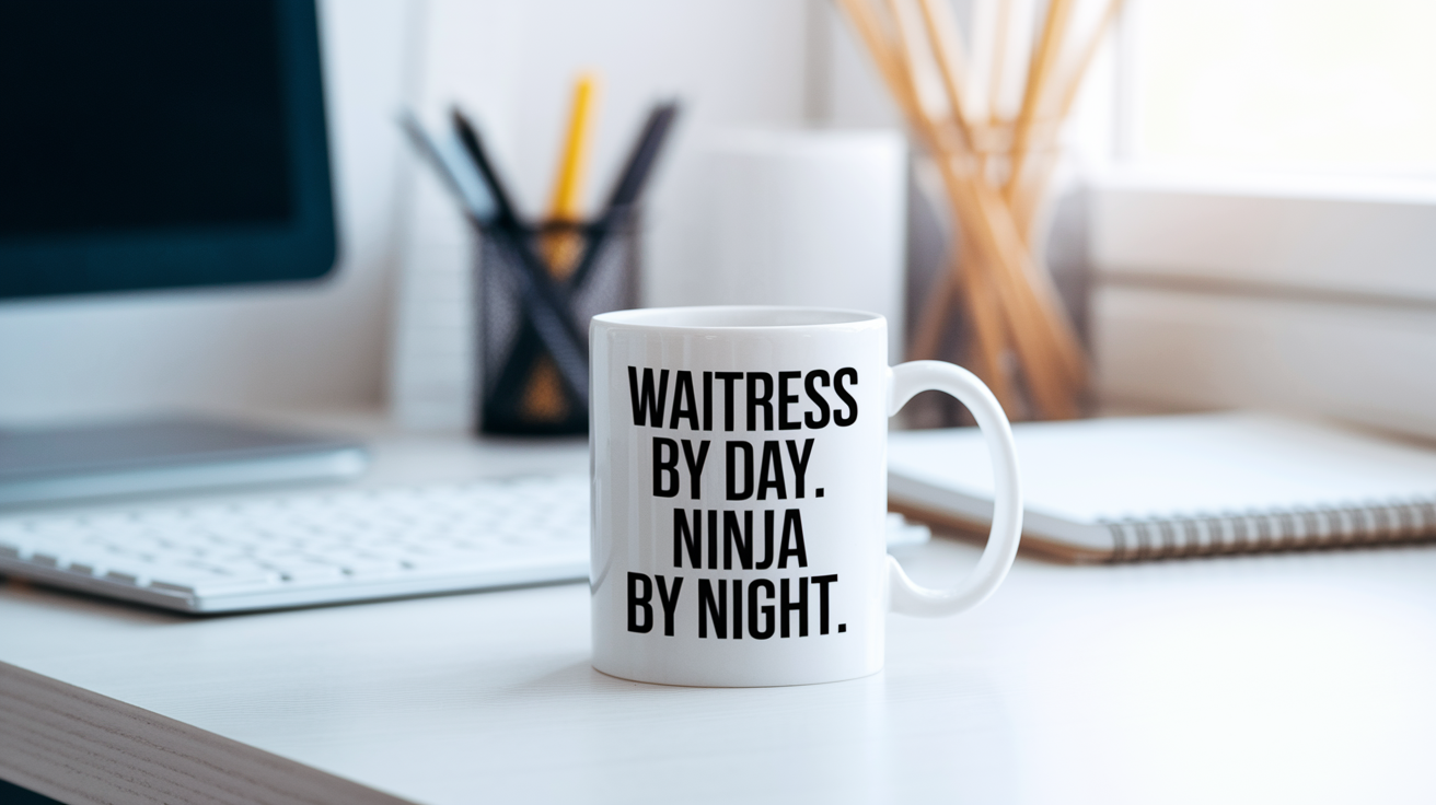 Waitress by Day Ninja by Night quote on coffee mug mockup for Amazon POD