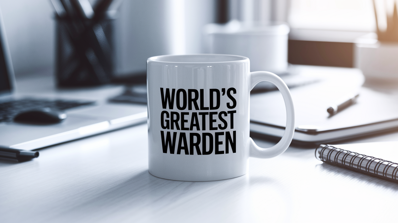 World's Greatest Warden quote on coffee mug mockup for Amazon POD
