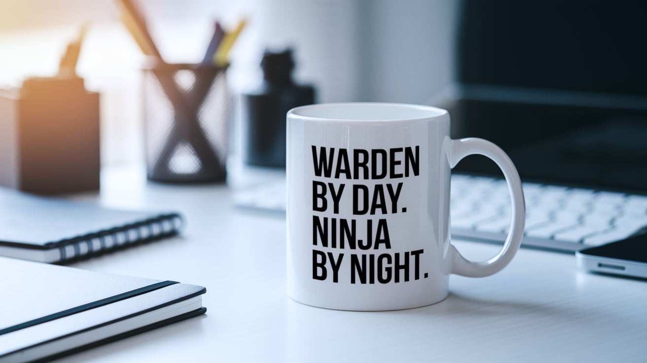 Warden by Day Ninja by Night quote on coffee mug mockup for Amazon POD