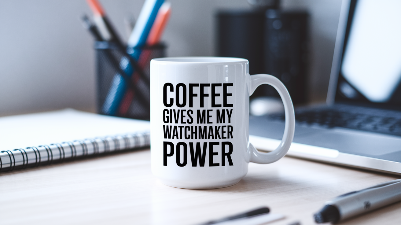 Coffee Gives Me My Watchmaker Power quote on coffee mug mockup for Amazon POD