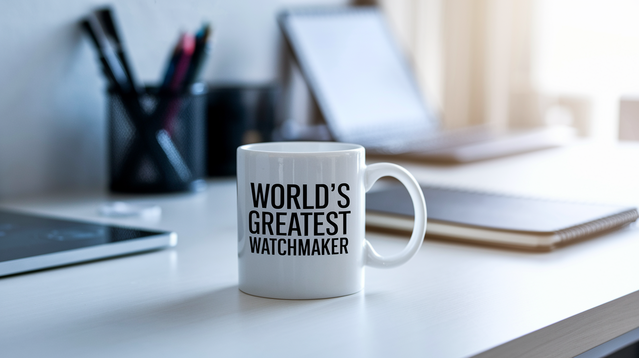 World's Greatest Watchmaker quote on coffee mug mockup for Amazon POD
