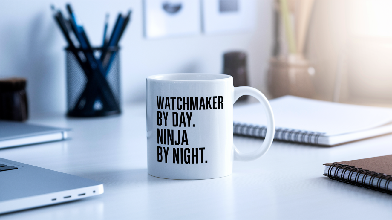 Watchmaker by Day Ninja by Night quote on coffee mug mockup for Amazon POD