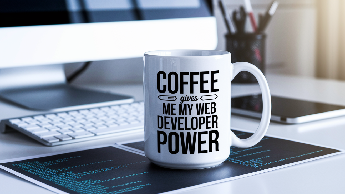 Coffee Gives Me My Web Developer Power quote on coffee mug mockup for Amazon POD