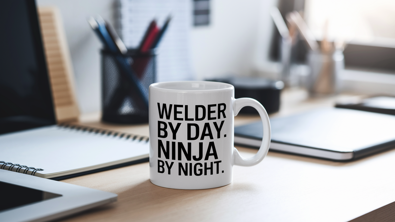 Welder by Day Ninja by Night quote on coffee mug mockup for Amazon POD