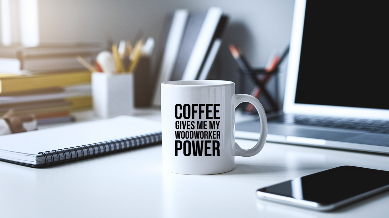 Coffee Gives Me My Woodworker Power quote on coffee mug mockup for Amazon POD