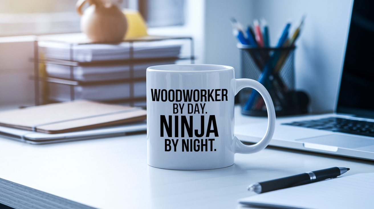 Woodworker by Day Ninja by Night quote on coffee mug mockup for Amazon POD