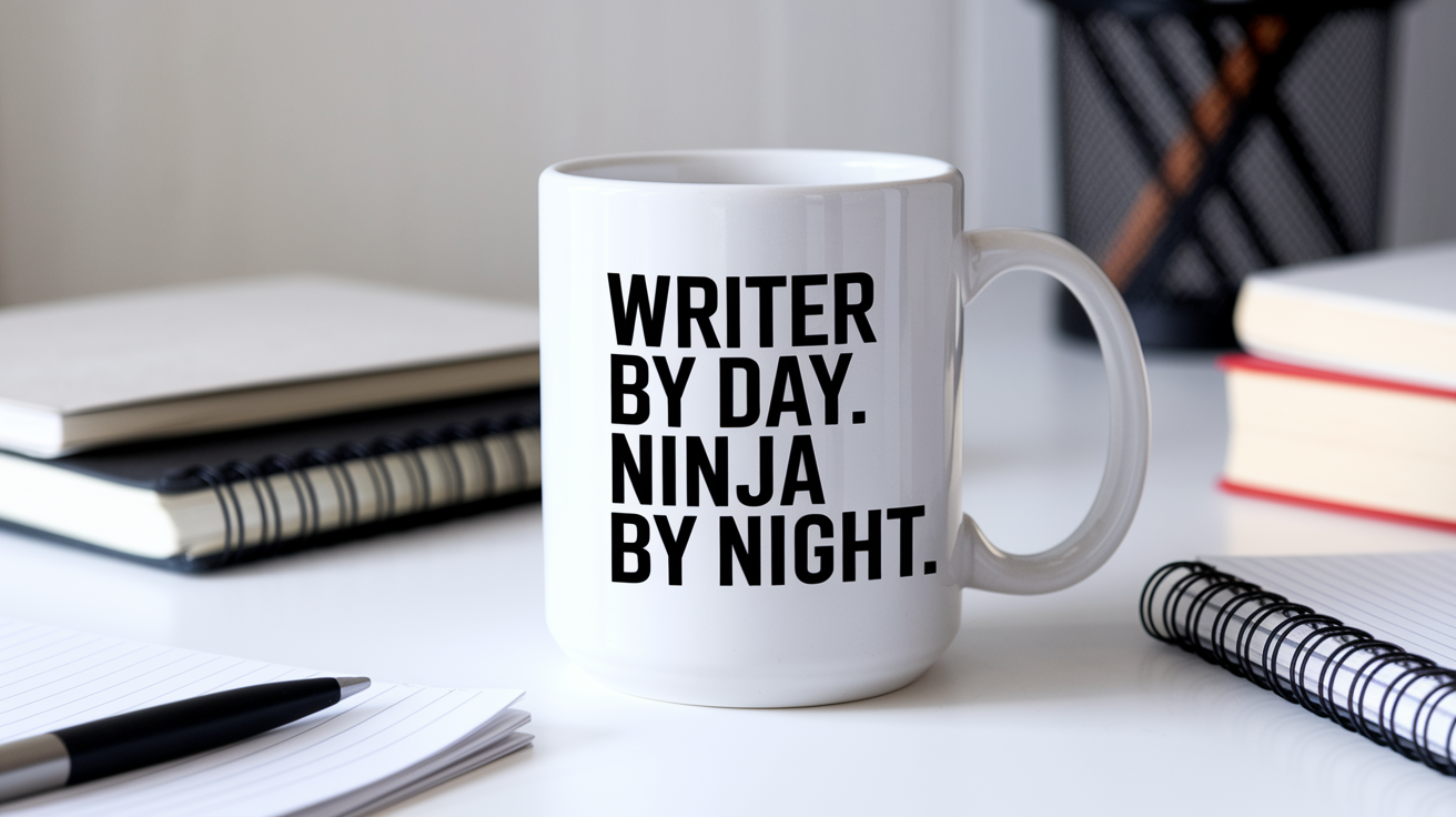 Writer by Day Ninja by Night quote on coffee mug mockup for Amazon POD
