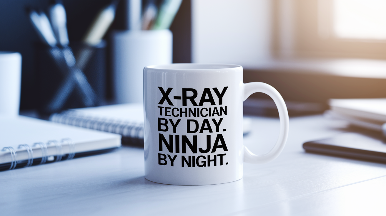 X Ray Technician by Day Ninja by Night quote on coffee mug mockup for Amazon POD