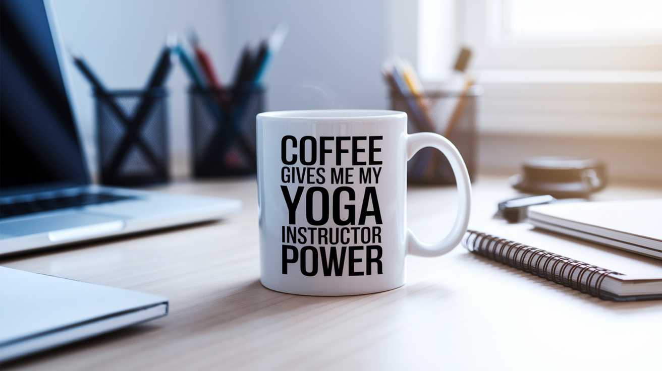 Coffee Gives Me My Yoga Instructor Power quote on coffee mug mockup for Amazon POD