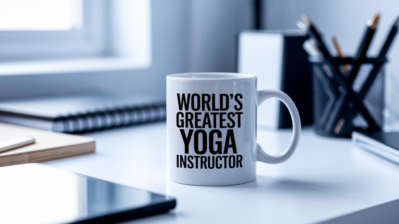 World's Greatest Yoga Instructor quote on coffee mug mockup for Amazon POD