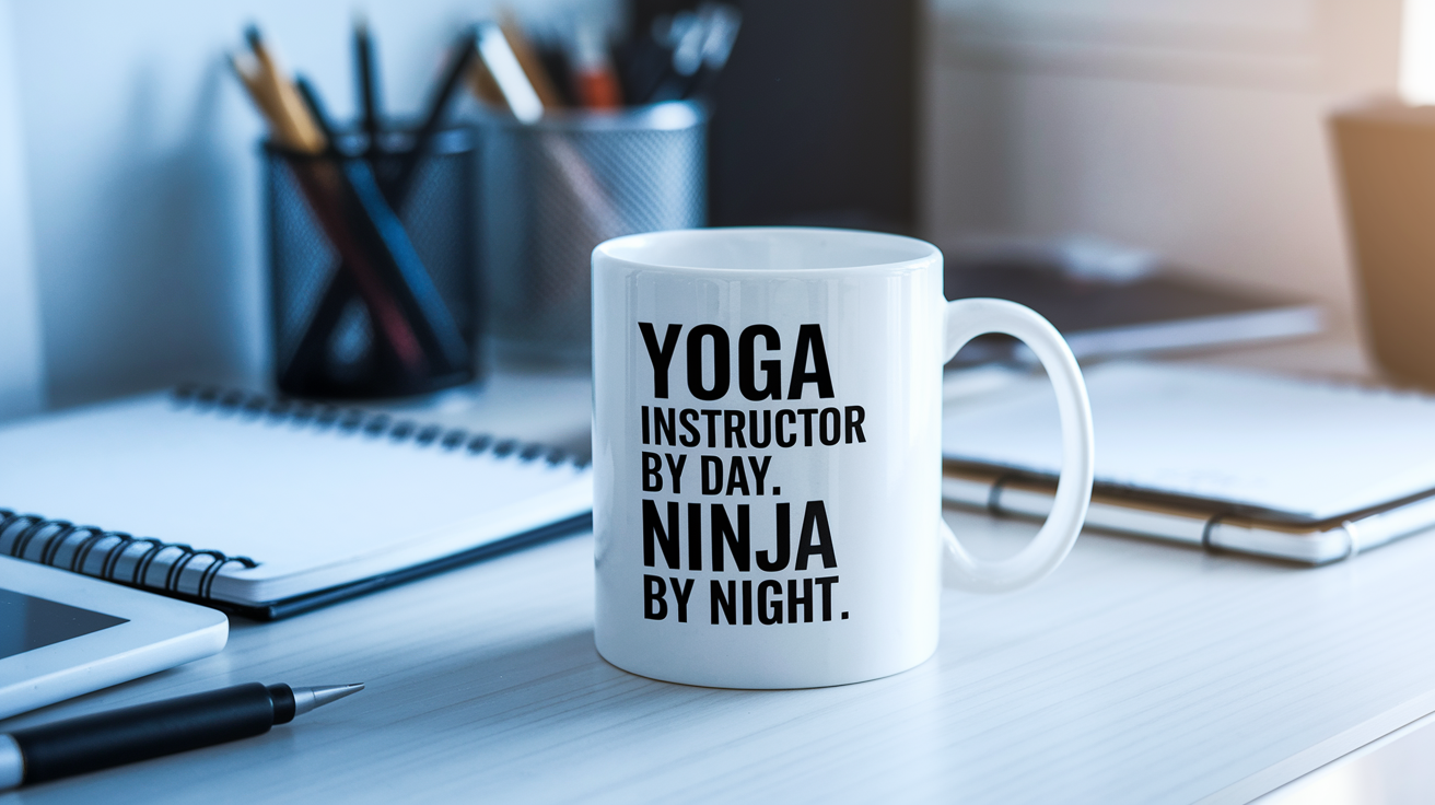 Yoga Instructor by Day Ninja by Night quote on coffee mug mockup for Amazon POD