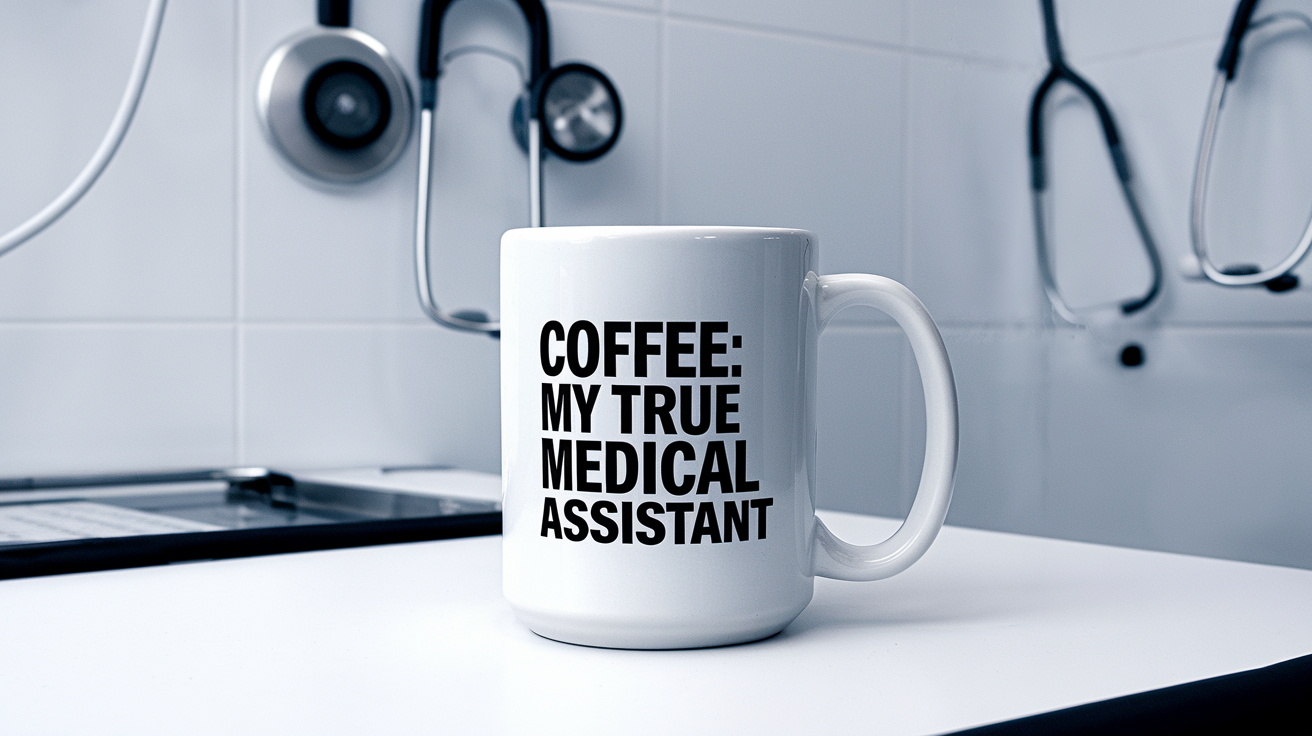 Medical Assistant by Day Ninja by Night quote on coffee mug mockup for Amazon POD