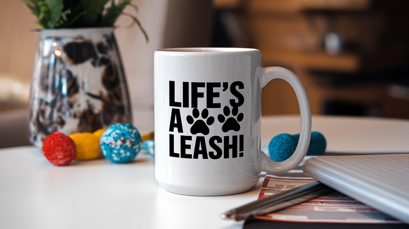 Coffee Gives Me My Dog Power quote on coffee mug mockup for Amazon POD