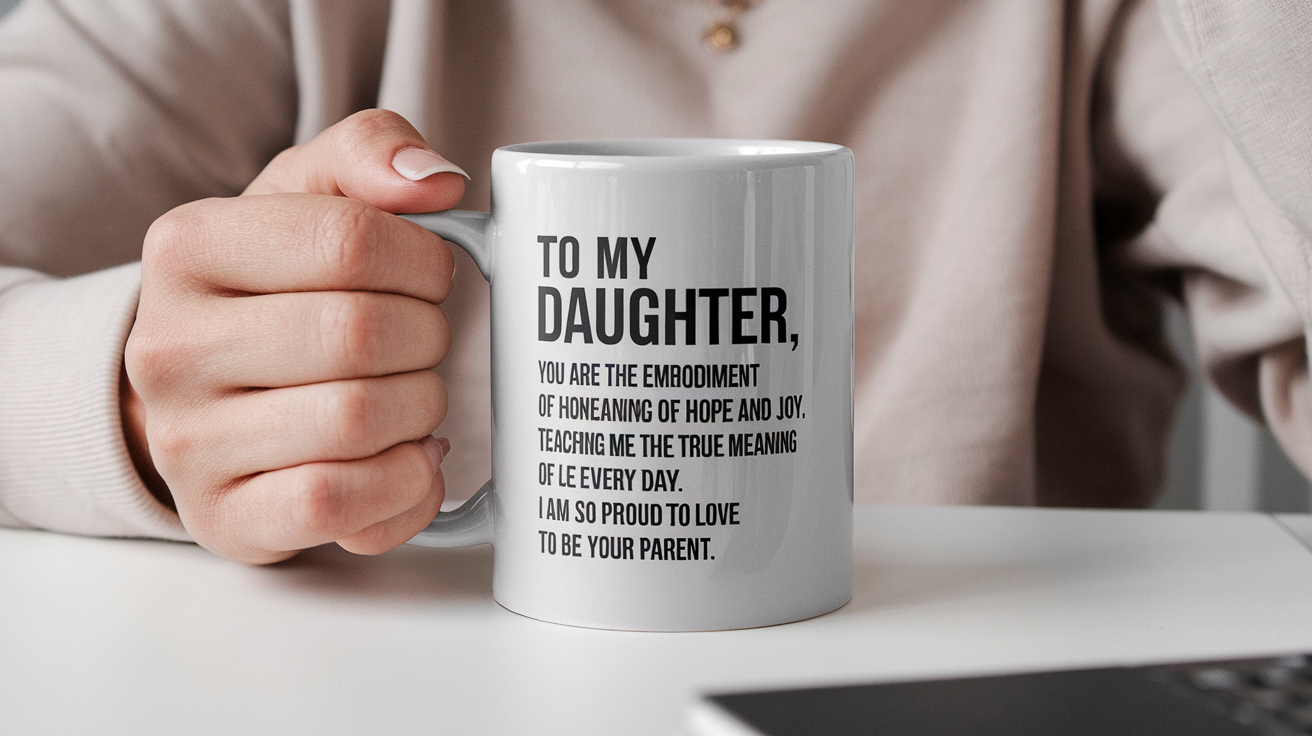 Coffee Gives Me My Daughter Power quote on coffee mug mockup for Amazon POD
